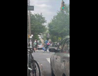 Collab WINY - Man ride bike balance trash can on head flag