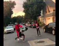 Guy trips while fighting with boxing gloves 