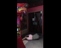 Black hat pink shorts punching bag game kick miss fail