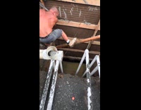 Man shirtless dangerous position falls in pit