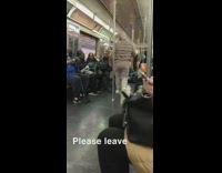 The jolly cat in red green chistmas onesie suit sings loud on speakers on subway train