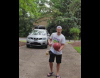 Guy bounces beer basketball catches it funnel 