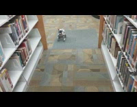 Robot dog crawl in library pink ribbon