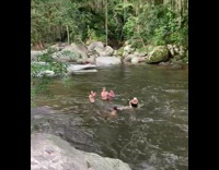 Friends take turns on the rock at the river