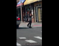 Woman target bag dance while crossing street