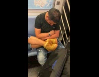 Collab Subway Creatures - Man sleep in train put shoes over friend lap
