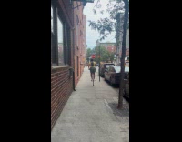 Guy rides pogo stick bounce on street