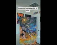 Guy walks into room with huge space galaxy elephant painting