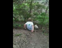 Boy slides down dirt hill easily with white dog, kid recording falls down hill and hits a tree