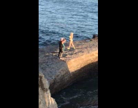 Neon yellow bikini shoes girl rock ocean