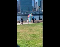 Blue inflatable unicorn pony stroller park quarantine 