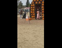 Woman pink dress brown hat pumpkin tripod