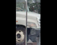 Naked baby doll in front of truck