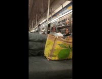 Woman transporting couch through subway train
