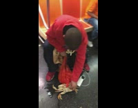 Crab escapes red plastic bag and bites man on the hand on subway train