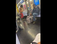 Collab Subway Creatures - Shirtless man with hand trolley gets off train