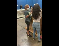 Girl volunteers blue face mask white gloves 