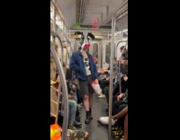 Man wears cow costume stands on train