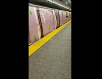 Subway train painted pink with green dots