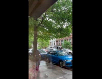 Gray car drive on the street sidewalk