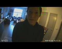 Dog jumps on counter woman leaves