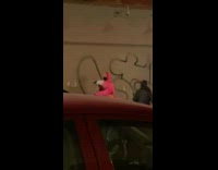 Pink flamingo costume guy walks by graffiti 