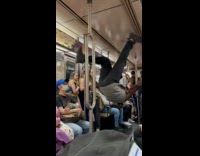 Collab Subway Creatures - Man Hang Upside Down Steadily inside Train