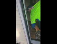 Brown puppy dog holds onto doorway guy