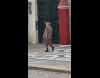 Woman brown coat walk black gate sidewalk