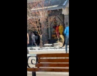 Woman black dress poses on snowy street Part 1