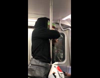 Guy sticks hand inside green gecko lizard mask mouth on subway train
