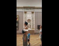 Young boy pass by stare at woman