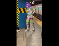 Woman in buzz lightyear costume at platform