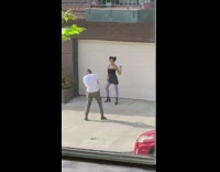 Black dress purple stockings girl garage door 