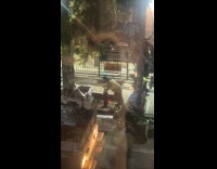 Men removes bed stuy aquarium on street