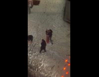 Man hugs street post walks on snow