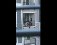 Girl black underwear robe balcony sexy photo