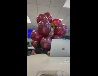 Girl dressed as grape in her office working on her laptop