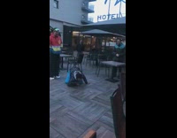 Blue snow pants guy backflips fail patio