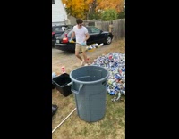 Two guys shovel empty cans trash can 