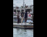 Three people dance shake the platform docks