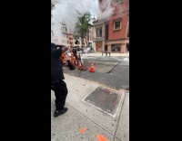 Photo shoot woman with dog beside steam pipe