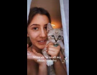 Kitten poops on clean laundry jumps off bed