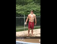 NSFW Buff guy red shorts flips beer can and then smashes it on forehead