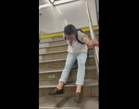 Person falls on stairs scared of rat 