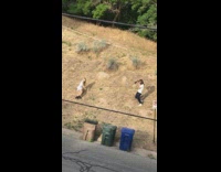 Girl white dress side plank trash bin