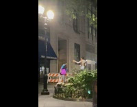 Woman gray top pose sidewalk bushes pictorial