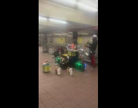 Guy playing sax with stuffed animals subway performance