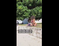 Little kid stare at woman pink bikini