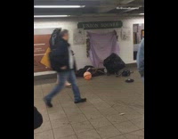 Two people dance with black plastic trashbags over their bodies while holding a tree branch